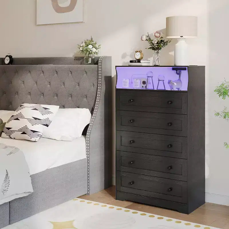 Commode haute à 5 tiroirs avec étagère d'exposition, meuble de rangement moderne en bois pour chambre à coucher, dressing, salon ou couloir