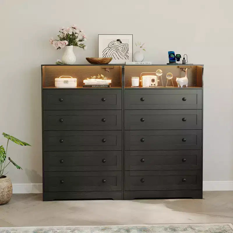 Commode haute à 5 tiroirs avec étagère d'exposition, meuble de rangement moderne en bois pour chambre à coucher, dressing, salon ou couloir