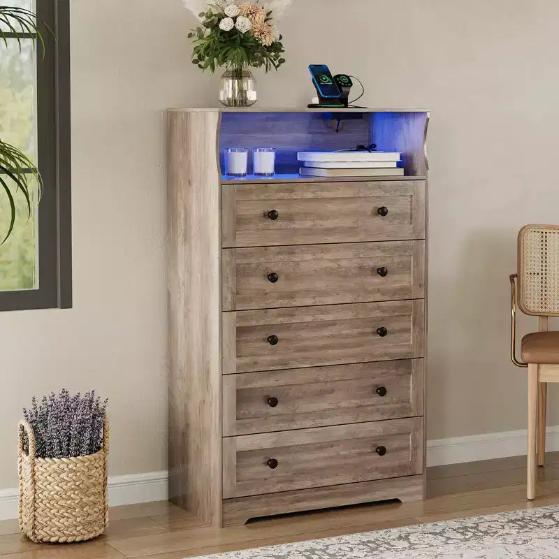 Commode haute à 5 tiroirs avec étagère d'exposition, meuble de rangement moderne en bois pour chambre à coucher, dressing, salon ou couloir