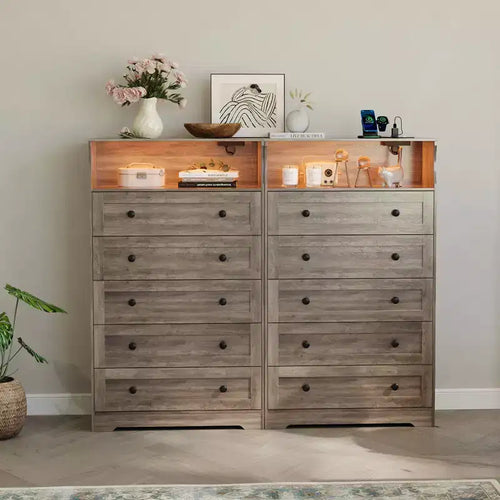 Commode haute à 5 tiroirs avec étagère d'exposition, meuble de rangement moderne en bois pour chambre à coucher, dressing, salon ou couloir