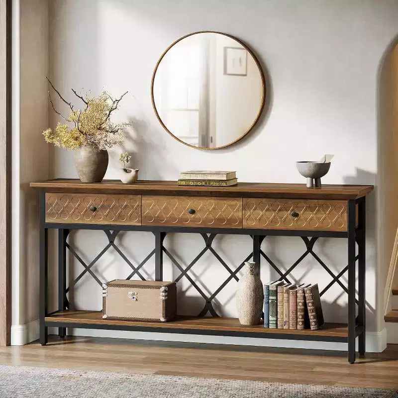 Table console extra-longue de 179 cm avec 3 tiroirs, table d'entrée étroite industrielle à 2 niveaux pour salon, couloir