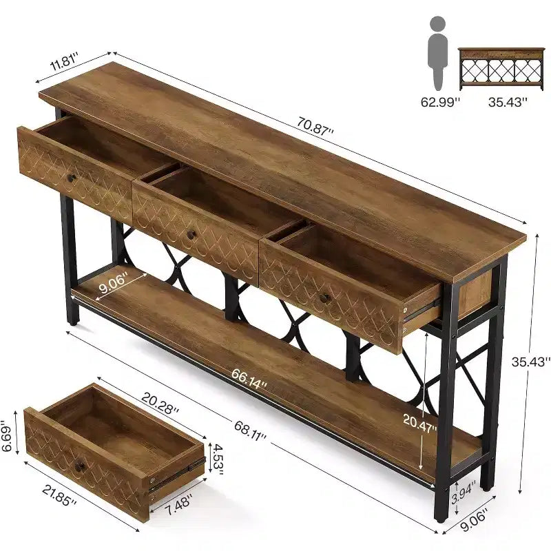 Table console extra-longue de 179 cm avec 3 tiroirs, table d'entrée étroite industrielle à 2 niveaux pour salon, couloir