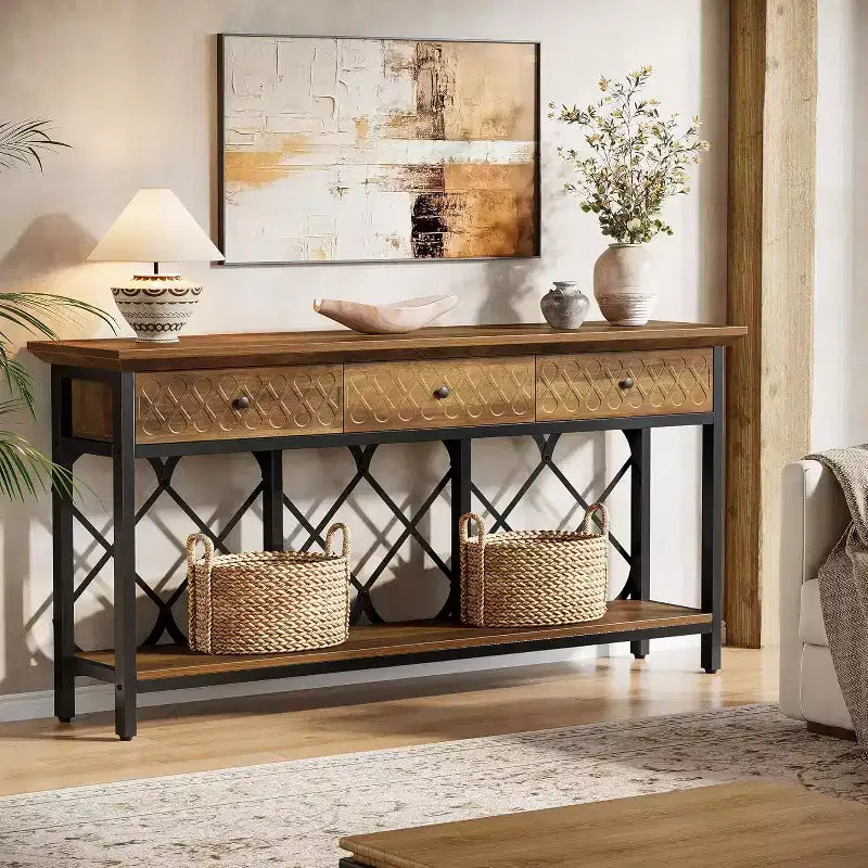 Table console extra-longue de 179 cm avec 3 tiroirs, table d'entrée étroite industrielle à 2 niveaux pour salon, couloir
