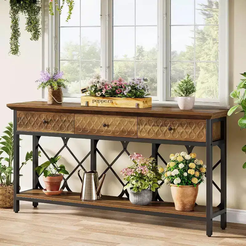 Table console extra-longue de 179 cm avec 3 tiroirs, table d'entrée étroite industrielle à 2 niveaux pour salon, couloir