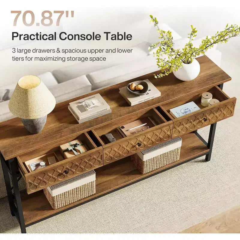 Table console extra-longue de 179 cm avec 3 tiroirs, table d'entrée étroite industrielle à 2 niveaux pour salon, couloir