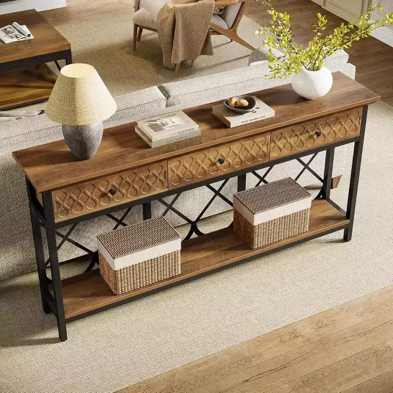 Table console extra-longue de 179 cm avec 3 tiroirs, table d'entrée étroite industrielle à 2 niveaux pour salon, couloir