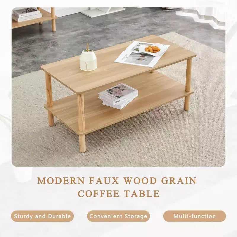 Table basse rectangulaire moderne à 2 niveaux avec étagère de rangement ouverte et pieds ronds en bois massif, table de canapé pour salon, bureau ou hall d'accueil