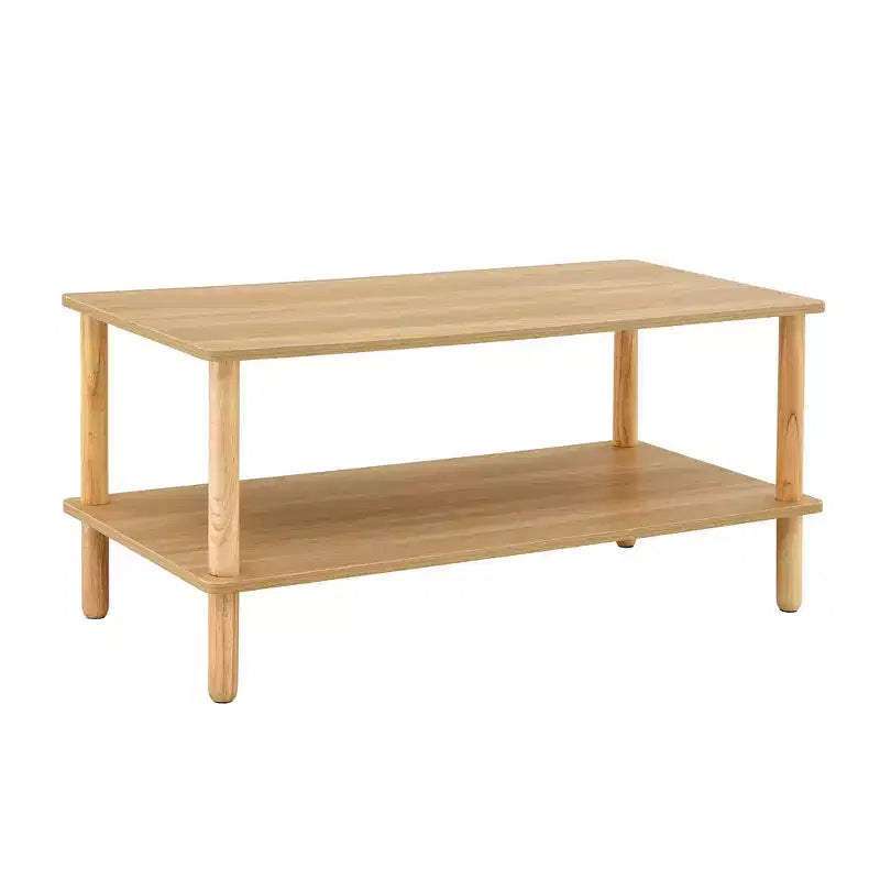 Table basse rectangulaire moderne à 2 niveaux avec étagère de rangement ouverte et pieds ronds en bois massif, table de canapé pour salon, bureau ou hall d'accueil