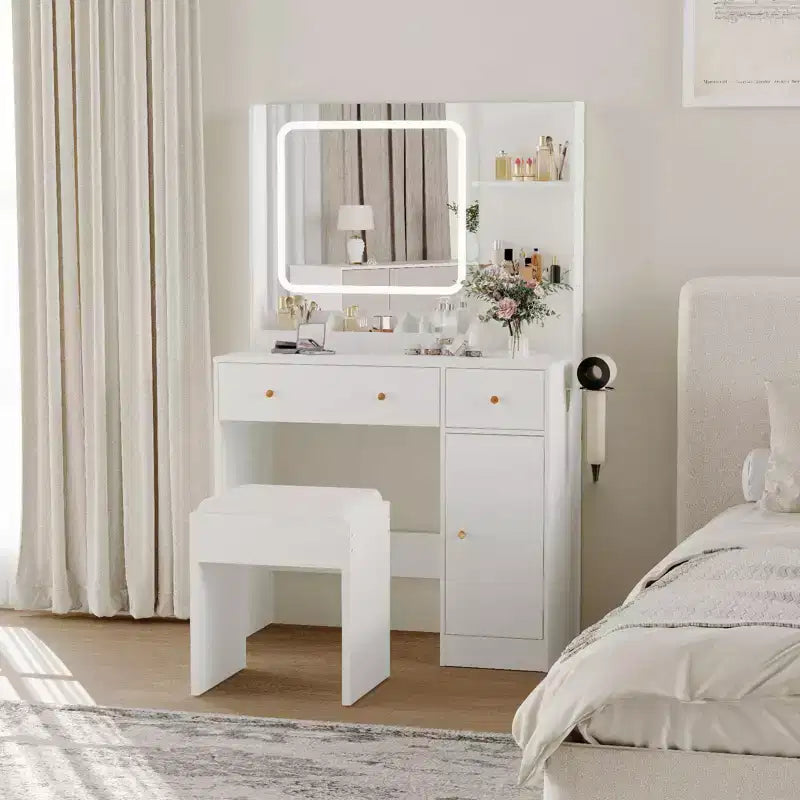 Coiffeuse avec miroir Coiffeuse avec support pour sèche-cheveux Tiroirs de rangement et étagères avec tabouret rembourré pour chambre à coucher