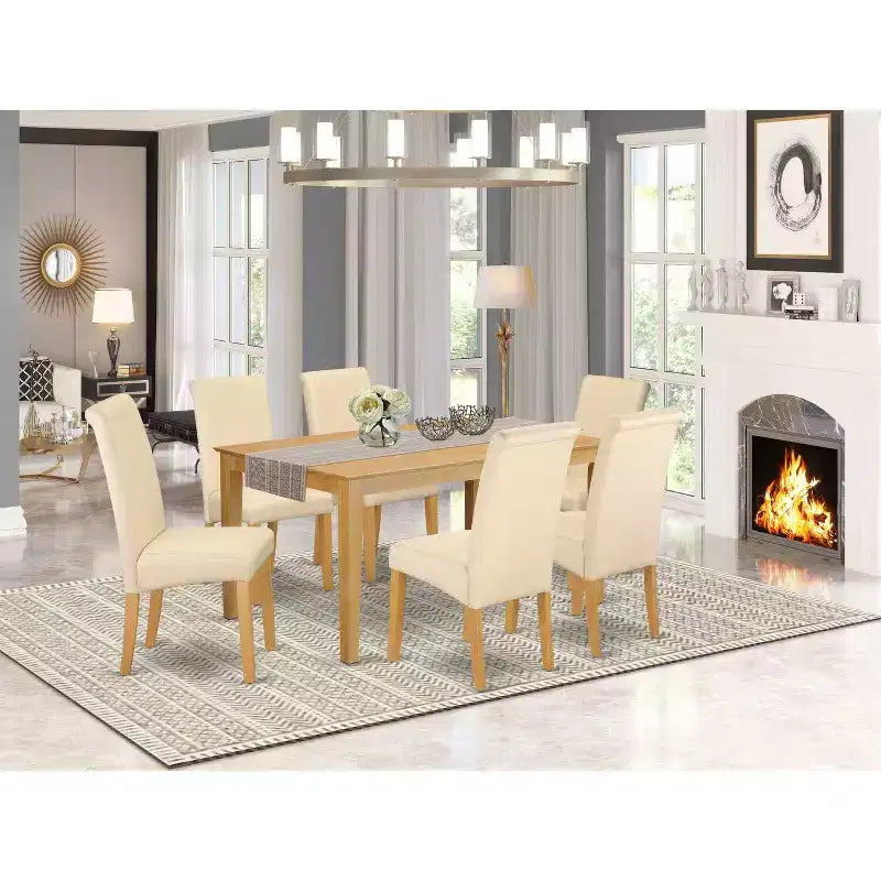 Ensemble de salle à manger 7 pièces : Table à manger plateau en bois massif finition chêne naturel avec 6 chaises Parson