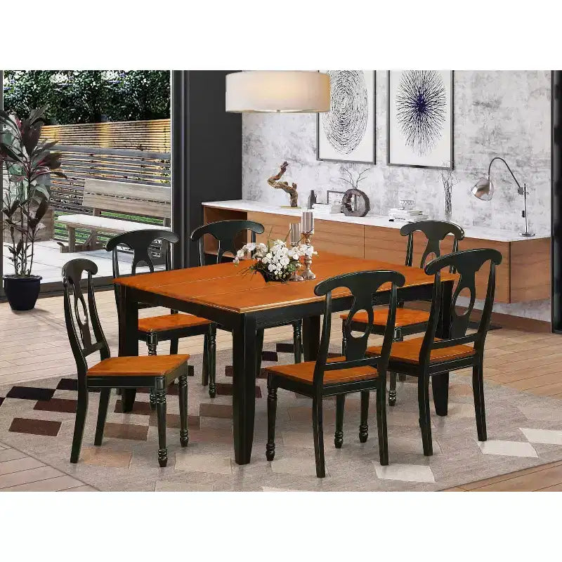 Table de salle à manger carrée 7 pièces avec plateau en bois massif noir et cerisier avec 6 chaises