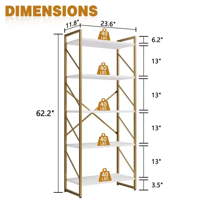 62,2 H x 23,6 L 5 étagères, bibliothèque haute en bois avec cadre en métal, étagère à livres moderne, étagères de rangement pour le bureau à domicile