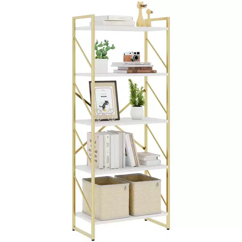 62,2 H x 23,6 L 5 étagères, bibliothèque haute en bois avec cadre en métal, étagère à livres moderne, étagères de rangement pour le bureau à domicile