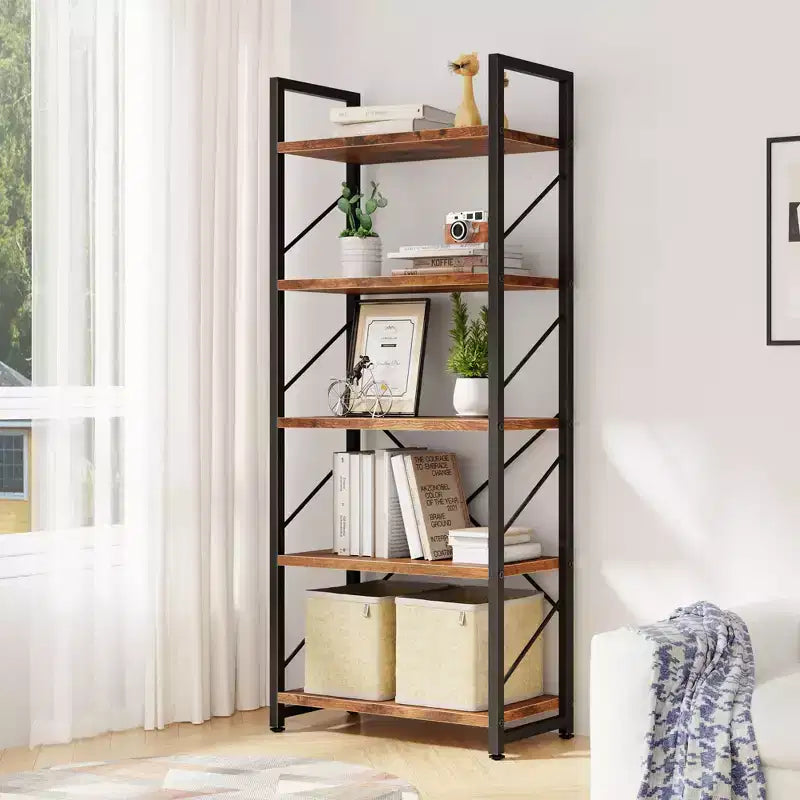 62,2 H x 23,6 L 5 étagères, bibliothèque haute en bois avec cadre en métal, étagère à livres moderne, étagères de rangement pour le bureau à domicile