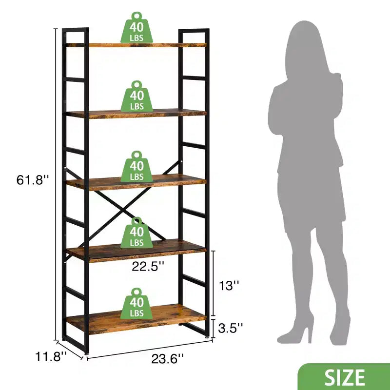 62,2 H x 23,6 L 5 étagères, bibliothèque haute en bois avec cadre en métal, étagère à livres moderne, étagères de rangement pour le bureau à domicile