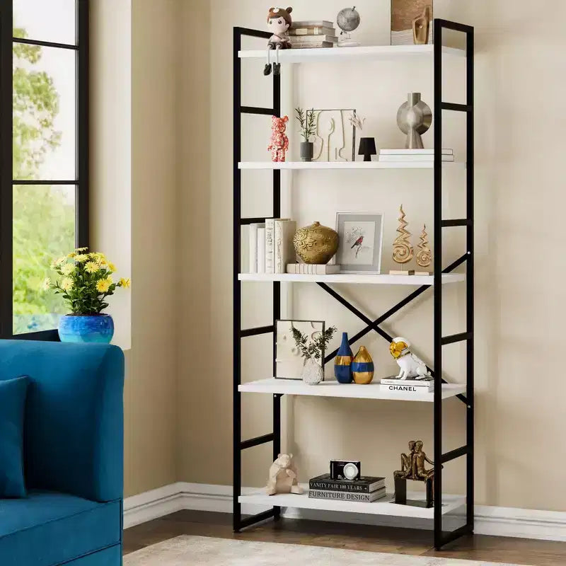 62,2 H x 23,6 L 5 étagères, bibliothèque haute en bois avec cadre en métal, étagère à livres moderne, étagères de rangement pour le bureau à domicile