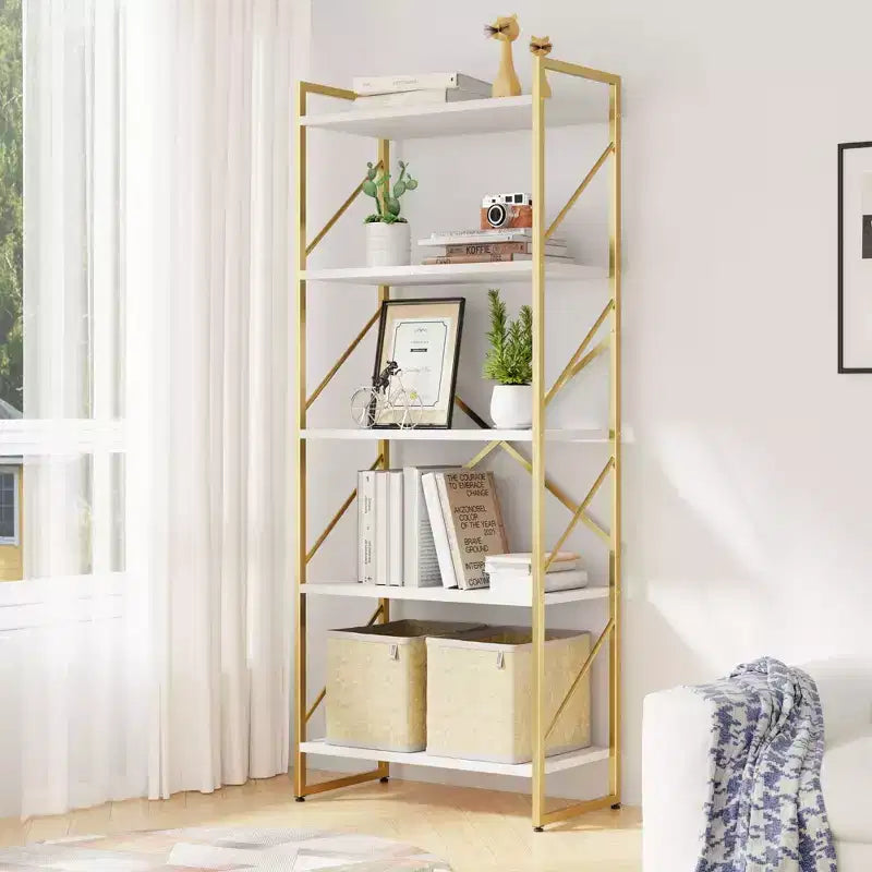 62,2 H x 23,6 L 5 étagères, bibliothèque haute en bois avec cadre en métal, étagère à livres moderne, étagères de rangement pour le bureau à domicile