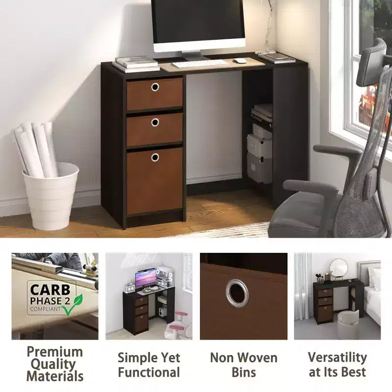 Bureau d'ordinateur 39" avec 3 bacs de rangement et étagères ouvertes