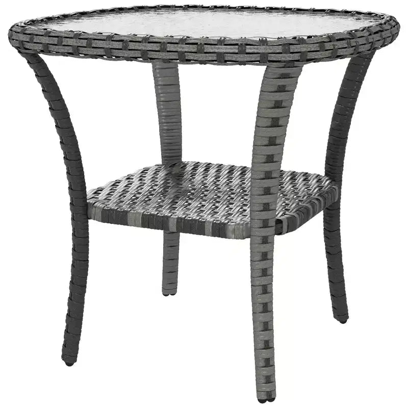 Outdoor Coffee Table with Storage Shelf, Hand-Woven Wicker Side Table with Water-Ripple Glass Top
