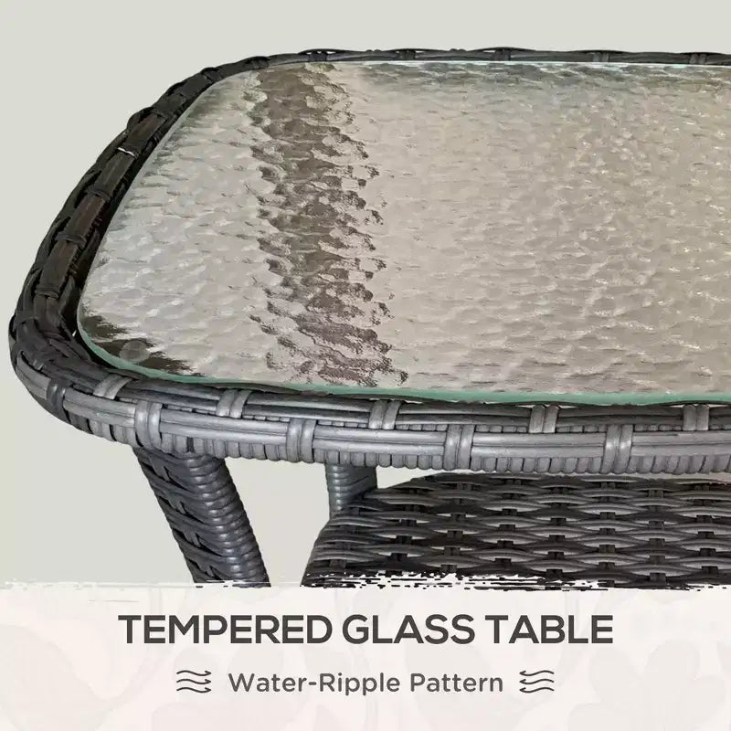 Table basse d'extérieur avec étagère de rangement, table d'appoint en osier tressé à la main avec plateau en verre à effet ondulé