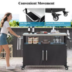 Îlot de cuisine d'extérieur de 138,4 cm avec plateau en acier inoxydable, chariot de bar d'extérieur avec 4 roulettes verrouillables pour barbecue extérieur