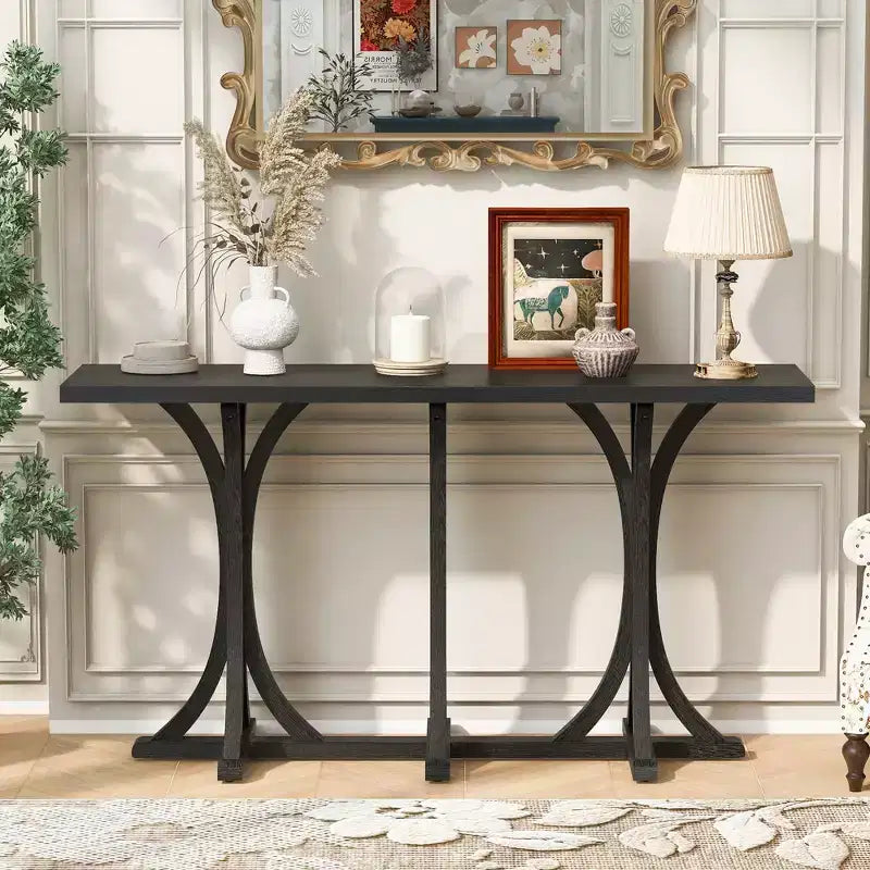 JVNOXK59.8'' Wooden Console Table with Oak Veneer Top,Farmhouse Entryway Table with Rubber Wood Slender Curved Legs,Black