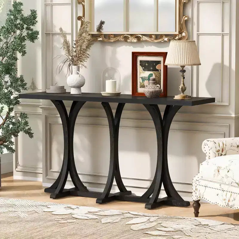 Table console en bois de 59,8 po avec plateau en placage de chêne, table d'entrée de style ferme avec pieds incurvés et élancés en bois d'hévéa, noir