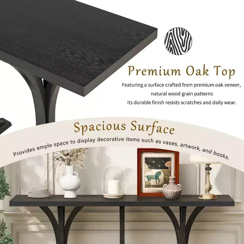 Table console en bois de 59,8 po avec plateau en placage de chêne, table d'entrée de style ferme avec pieds incurvés et élancés en bois d'hévéa, noir