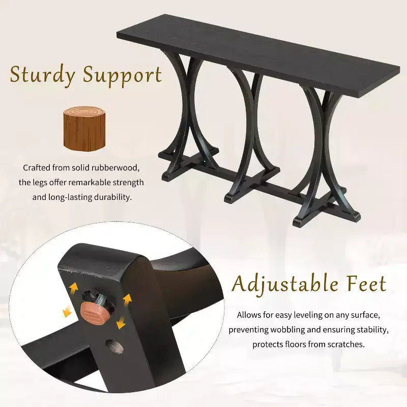 Table console en bois de 59,8 po avec plateau en placage de chêne, table d'entrée de style ferme avec pieds incurvés et élancés en bois d'hévéa, noir