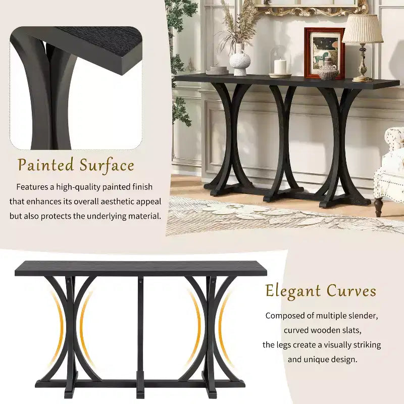 Table console en bois de 59,8 po avec plateau en placage de chêne, table d'entrée de style ferme avec pieds incurvés et élancés en bois d'hévéa, noir