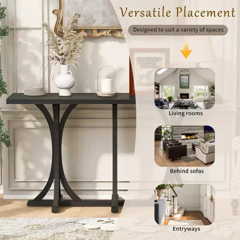 Table console en bois de 59,8 po avec plateau en placage de chêne, table d'entrée de style ferme avec pieds incurvés et élancés en bois d'hévéa, noir