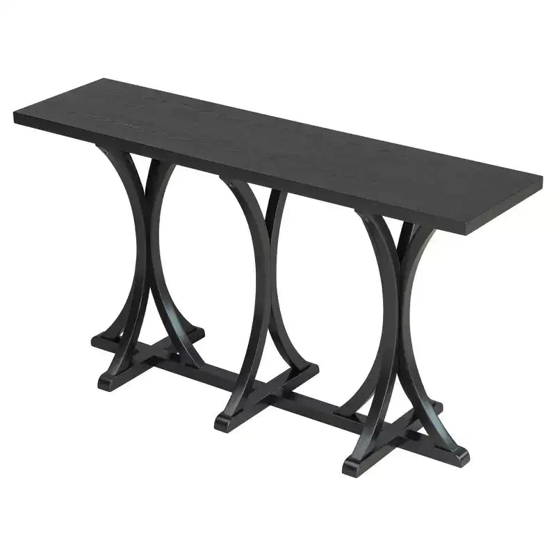 Table console en bois de 59,8 po avec plateau en placage de chêne, table d'entrée de style ferme avec pieds incurvés et élancés en bois d'hévéa, noir