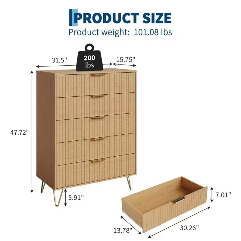 Commode moderne cannelée à 5 tiroirs de 121 cm de haut, chêne naturel, poignées dorées, plateau de 90 kg, anti-basculement, étanche, rangement d'appoint pour chambre/couloir