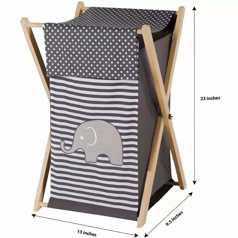 Panier à linge Éléphants blanc/gris avec cadre en bois