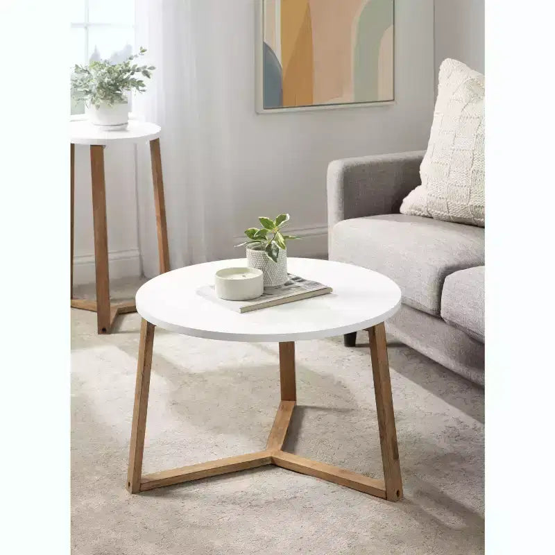 Table basse ronde Rioux en MDF, 26x26x18, blanc et naturel