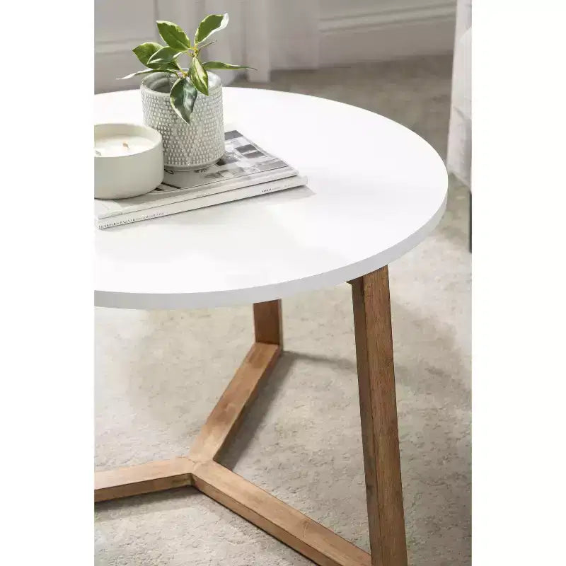 Table basse ronde Rioux en MDF, 26x26x18, blanc et naturel
